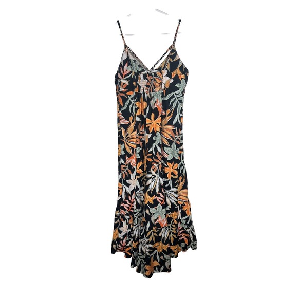 Derek Heart Womens Floral High Low Midi Dress Black Orange Tropical Size L - Picture 4 of 9